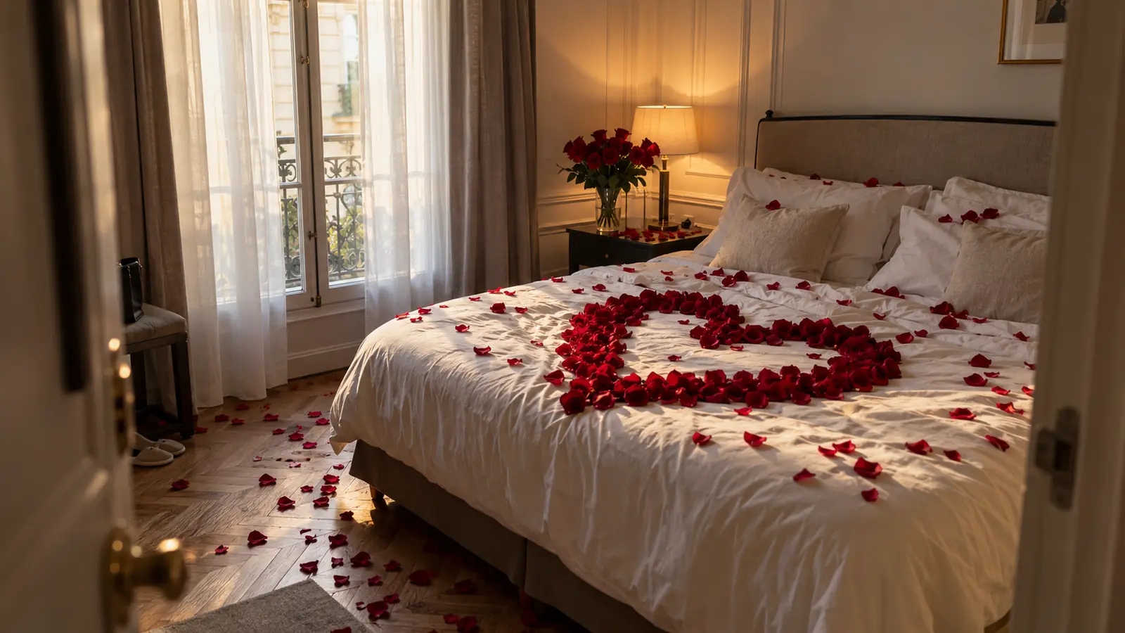 Wedding night room with rose petals on the bed